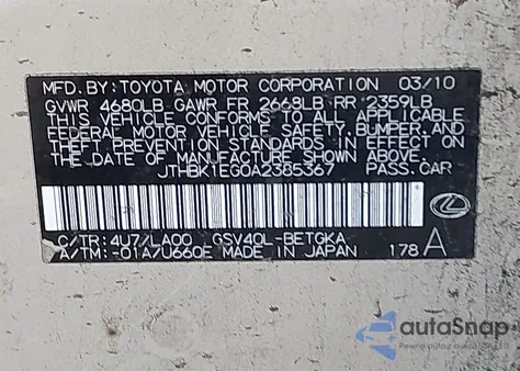 2010 Lexus Es 350 from USA, damaged, VIN JTHBK1EG0A2385367